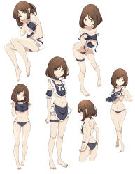 Rule 34 | 1girl, :o, absurdres, ass, back, bare arms, bare legs, bare shoulders, barefoot, bikini, black bikini, black choker, bob cut, breasts, brown eyes, brown hair, choker, closed mouth, covering chest, covering privates, cropped legs, deatheach, groin, hands up, highres, invisible chair, leaning forward, looking at viewer, maid, maid bikini, medium hair, multiple views, navel, nervous smile, original, simple background, sitting, skindentation, small breasts, smile, standing, stomach, string bikini, swimsuit, thigh strap, unconventional maid, undressing, white background