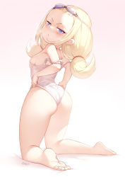 Rule 34 | 1girl, ass, bad id, bad pixiv id, blonde hair, blue eyes, borrowed character, breasts, clothes pull, female focus, from behind, gao (gaolukchup), highres, kneeling, looking at viewer, looking back, off shoulder, one-piece swimsuit pull, original, see-through, short hair, small breasts, solo, swimsuit, wet, wet clothes