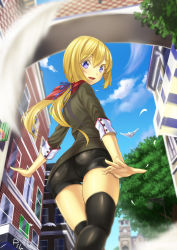 Rule 34 | 1girl, architecture, ass, bad id, bad pixiv id, bird, black hair, blonde hair, blurry, building, colored eyelashes, depth of field, feathers, from behind, long hair, looking at viewer, looking back, original, outstretched arms, purple eyes, short shorts, shorts, smile, solo, spread arms, thigh gap, thighhighs, thighs, unowen
