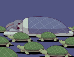 Rule 34 | 1other, absurdres, animal, animal ears, avogado6, black eyes, blanket, blue background, empty eyes, futon, grey hair, highres, looking at another, no mouth, pillow, polka dot pillow, rabbit ears, smile, sweat, the tortoise and the hare, tortoise, turtle, under covers