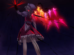 Rule 34 | 1girl, blouse, crack, creepy, dark, female focus, flandre scarlet, from behind, glowing, glowing eyes, hat, highres, jerry, mob cap, red eyes, shirt, skirt, solo, touhou, white hat, white shirt
