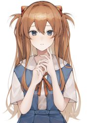 Rule 34 | 1girl, blue eyes, blue skirt, blush, closed mouth, facing viewer, hair between eyes, hands up, highres, interface headset, long hair, looking at viewer, neck ribbon, neon genesis evangelion, nerua, orange hair, pleated skirt, red ribbon, ribbon, school uniform, short sleeves, signature, simple background, skirt, solo, souryuu asuka langley, tokyo-3 middle school uniform, two side up, upper body, white background