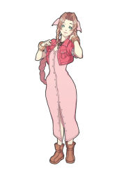 Rule 34 | 1990s (style), 1girl, aerith gainsborough, ankle boots, bad id, bad pixiv id, blue eyes, boots, bracelet, braid, brown hair, buttons, cropped jacket, dress, final fantasy, final fantasy vii, hair ribbon, jewelry, koko-1109, long dress, long hair, pink dress, retro artstyle, ribbon, side braid, solo, very long hair