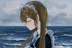 Rule 34 | 1girl, apron, black shirt, blonde hair, blush, closed eyes, cloud, cloudy sky, facing down, frilled apron, frills, from side, hair between eyes, highres, horizon, inu dakisime, long hair, long sleeves, maid, maid headdress, ocean, original, parted lips, profile, shirt, sidelocks, sky, solo, twintails, water, white apron