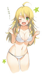 Rule 34 | 1girl, ;d, ahoge, bikini, blonde hair, blush, breasts, cleavage, clenched hands, cowboy shot, cropped legs, forearms at chest, green eyes, hoshii miki, idolmaster, idolmaster (classic), kippu, large breasts, long hair, navel, one eye closed, open mouth, smile, solo, star (symbol), strap gap, swimsuit, white background, white bikini