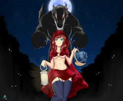 Rule 34 | big bad wolf, breasts, cleavage, fangs, green eyes, little red riding hood, red hair, tagme, underboob, white-stripes
