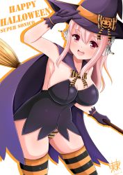 Rule 34 | 1girl, absurdres, black gloves, blush, breasts, broom, cape, cleavage, dongdong, gloves, halloween, hat, headphones, highres, large breasts, long hair, looking at viewer, nitroplus, open mouth, panties, pink hair, smile, solo, striped clothes, striped panties, striped thighhighs, super sonico, thighhighs, underwear, witch hat