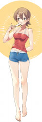 Rule 34 | 1girl, aioi yuuko, arm behind back, bare legs, barefoot, blue shorts, blush, breasts, brown eyes, brown hair, casual, commentary, dolphin shorts, eating, food, full body, hair between eyes, highres, holding, holding food, looking to the side, medium breasts, midriff peek, murata tefu, nichijou, popsicle, red shirt, shirt, short hair, short shorts, shorts, simple background, sleeveless, solo, standing, tank top, twitter username, white background, yellow background