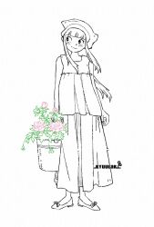 Rule 34 | 1girl, arms at sides, artist name, blunt bangs, blush, bucket, closed mouth, dress, flower, hat, head tilt, highres, holding, holding bucket, lineart, long dress, long hair, looking to the side, monochrome, original, pink flower, plant, potted plant, ryuular, shoes, sidelocks, sideways glance, simple background, sleeveless, sleeveless dress, smile, solo, spot color, unfinished, watermark, white background