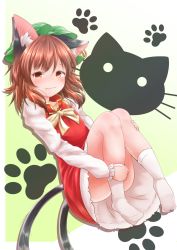 Rule 34 | 1girl, :3, animal ear fluff, animal ears, blush, brown eyes, brown hair, cat ears, cat tail, chen, convenient leg, dress, earrings, fang, flat chest, full body, gold trim, hat, highres, jewelry, looking at viewer, medium hair, mob cap, multiple tails, nekomata, nyanuki, paw print, red dress, simple background, single earring, solo, tail, touhou, two tails, upskirt, white background