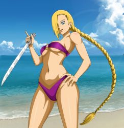 Rule 34 | 1girl, beach, bikini, blonde hair, blue eyes, braid, breasts, cloud, collarbone, flowerinhell, hair ornament, hair over one eye, hairclip, hand on own hip, holding, large breasts, lens flare, licking lips, light rays, long hair, looking at viewer, naruto, naruto (series), navel, o-ring, o-ring bikini, ocean, purple bikini, sand, sky, solo, standing, sunbeam, sunlight, swimsuit, sword, tongue, tongue out, water, weapon, yamanaka ino