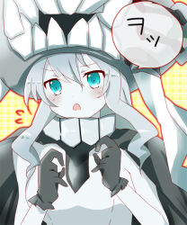Rule 34 | 10s, 1girl, abyssal ship, aqua eyes, bodysuit, gloves, kantai collection, long hair, looking at viewer, monster, open mouth, pale skin, personification, silver hair, solo, speech bubble, sr soba, translation request, wo-class aircraft carrier