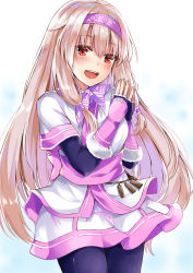 Rule 34 | 1girl, :d, ainu clothes, blush, commentary request, cowboy shot, fate/grand order, fate (series), fingerless gloves, fingernails, fur trim, gloves, hair between eyes, hair tubes, hairband, hands up, head tilt, highres, illyasviel von einzbern, konka, light brown hair, long hair, open mouth, own hands together, pantyhose, pink hairband, purple gloves, purple pantyhose, red eyes, short sleeves, sidelocks, sitonai (fate), smile, solo, standing, teeth, upper teeth only, very long hair