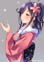 Rule 34 | 1girl, ahoge, bad id, bad pixiv id, blush, breasts, character request, commentary request, curly hair, flower, from side, fur-trimmed kimono, fur collar, fur trim, grey background, hair flower, hair ornament, japanese clothes, juurouta, kantai collection, kimono, long hair, long sleeves, looking up, obi, open mouth, outdoors, purple hair, sash, snowing, solo, twitter username, upper body, wide sleeves, winter, winter clothes