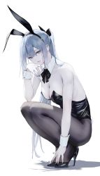 Rule 34 | 1girl, absurdres, animal ears, bare shoulders, black bow, black footwear, black hairband, black leotard, black pantyhose, blue nails, bow, breasts, cleavage, closed mouth, commentary, erospanda, fake animal ears, full body, grey eyes, grey hair, hair bow, hairband, hand up, high heels, highres, leotard, long hair, looking at viewer, medium breasts, nail polish, original, pantyhose, playboy bunny, ponytail, rabbit ears, shadow, simple background, solo, squatting, strapless, strapless leotard, very long hair, white background, wrist cuffs