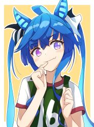 Rule 34 | 1girl, @ @, absurdres, ahoge, animal ears, blue hair, blush stickers, closed mouth, crossed bangs, drawdrawdeimos, fang, fang out, hands up, heterochromia, highres, horse ears, long hair, looking at viewer, pink eyes, purple eyes, race bib, shirt, short sleeves, skin fang, smile, solo, twin turbo (umamusume), twintails, umamusume, upper body, white shirt