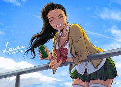Rule 34 | 1girl, ^ ^, asymmetrical hair, bent over, blazer, blue sky, blush, bow, bowtie, bracelet, breasts, can, character name, cleavage, closed eyes, cornrows, dark-skinned female, dark skin, day, drink can, forehead, green skirt, grin, jacket, jewelry, large breasts, laura matsuda, long hair, loose bowtie, official alternate costume, open clothes, open jacket, pinky out, plaid, plaid skirt, pleated skirt, railing, red bow, school uniform, skirt, sky, sleeves rolled up, smile, soda can, solo, street fighter, street fighter v, thighhighs, toko (tokkotoritori), white thighhighs, yellow jacket, zettai ryouiki