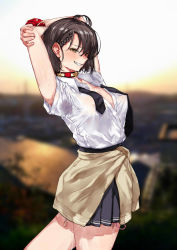 Rule 34 | 1girl, anal beads, arms behind head, azur lane, baltimore (after-school ace) (azur lane), baltimore (azur lane), beige sweater, black necktie, black skirt, body writing, braid, braided bangs, breasts, cardigan, cardigan around waist, choker, clothes around waist, collared shirt, covered erect nipples, grin, highres, large breasts, loose necktie, necktie, nimuno (munimuni), red choker, sex toy, shirt, short sleeves, skirt, smile, solo, stretching, sweater, sweater around waist, tally, thighhighs, tied sweater, vibrator, vibrator under clothes, white shirt, yellow eyes