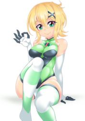 Rule 34 | 1girl, akatsuki kirika, blonde hair, breasts, closed mouth, commentary request, elbow gloves, gloves, green eyes, hair between eyes, hair ornament, leotard, looking at viewer, medium breasts, semikichi, senki zesshou symphogear, shiny skin, short hair, sitting, smile, solo, striped clothes, striped thighhighs, thighhighs, white gloves, x hair ornament