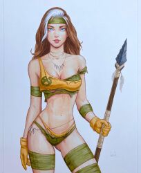 Rule 34 | 1girl, blue eyes, breasts, brown hair, cleavage, commentary, contrapposto, crop top, gloves, gluteal fold, green headband, headband, highres, holding, holding polearm, holding weapon, jewelry, lowleg, lowleg panties, marker (medium), marvel, medium breasts, multicolored hair, navel, necklace, panties, parted lips, polearm, rogue (x-men), signature, solo, spear, tooth necklace, torn clothes, traditional media, two-tone hair, underwear, weapon, white hair, will jack, x-men, yellow gloves