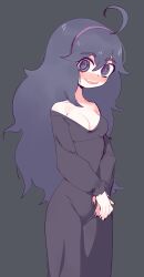 Rule 34 | 1girl, @ @, absurdres, ahoge, bags under eyes, black nails, blue background, blush, breasts, creatures (company), dress, eds, female focus, game freak, hair between eyes, hairband, hex maniac (pokemon), highres, long dress, long hair, medium breasts, nintendo, npc trainer, own hands together, pokemon, pokemon xy, purple dress, purple hair, purple hairband, simple background, smile, solo