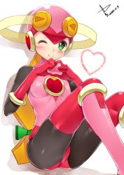Rule 34 | 00s, 1girl, ;), blonde hair, blush, bodysuit, breasts, dated, gloves, green eyes, heart, heart hands, helmet, knees up, leotard, light smile, long hair, looking at viewer, low-tied long hair, mega man (series), mega man battle network, mega man battle network (series), one eye closed, roll.exe (mega man), shadow, signature, simple background, sitting, skin tight, small breasts, smile, solo, thighhighs, turtleneck, very long hair, white background, yappen, yatsu (sasuraino)