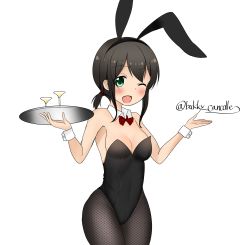 Rule 34 | 1girl, absurdres, alternate costume, animal ears, black hair, black leotard, black pantyhose, bow, bowtie, breasts, cowboy shot, cup, detached collar, drinking glass, fake animal ears, fishnet pantyhose, fishnets, fubuki (kancolle), green eyes, highres, kantai collection, kiyu fuyuki, leotard, looking at viewer, low ponytail, one eye closed, pantyhose, playboy bunny, ponytail, rabbit ears, red bow, red bowtie, short hair, short ponytail, sidelocks, simple background, small breasts, solo, strapless, strapless leotard, tray, twitter username, white background, wine glass, wrist cuffs