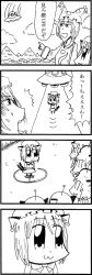 Rule 34 | 2girls, 4koma, :3, :d, abduction, alien, animal hat, bkub, blank eyes, bow, bowtie, chen, cloud, comic, earrings, greyscale, hat, jewelry, long sleeves, mob cap, monochrome, mountain, multiple girls, multiple tails, open mouth, mob cap, pointing, shaded face, short hair, shouting, simple background, skirt, sky, smile, speech bubble, sweatdrop, tail, tassel, touhou, translation request, two tails, ufo, white background, wide sleeves, yakumo ran