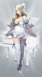 Rule 34 | 1girl, artist name, black eyes, blonde hair, boots, breasts, character name, choker, cleavage, copyright request, dress, garter straps, hat, highres, instrument, large breasts, lips, looking at viewer, low ponytail, mandrill, mini hat, mini top hat, piano, real life, risa strauss, solo, thighhighs, top hat, white dress, white thighhighs, wrist cuffs, zettai ryouiki