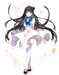 Rule 34 | 1girl, arms behind back, black choker, black footwear, black hair, blue eyes, blue neckwear, blue ribbon, blue sailor collar, braid, choker, closed mouth, commentary request, dress, floating hair, floral background, full body, hair bun, highres, long hair, looking at viewer, multiple girls, original, pale skin, ribbon, roh nam kyung, sailor collar, sailor dress, side bun, single side bun, sleeveless, sleeveless dress, smile, solo, sparkle, standing, tareme, thighhighs, very long hair, white dress, white thighhighs