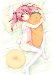 Rule 34 | 1girl, :3, animal ears, bad id, bad pixiv id, blush, bow, bow panties, carrot, chemise, doll, hugging doll, hair ribbon, highres, hug, lingerie, lying, hugging object, on side, original, panties, pillow, pillow hug, pink eyes, pink hair, pink panties, pink thighhighs, polka dot, polka dot panties, rabbit ears, rabbit tail, red eyes, ribbon, sakura (mani), see-through, solo, strap slip, tail, thighhighs, twintails, underwear, underwear only, usashiro mani