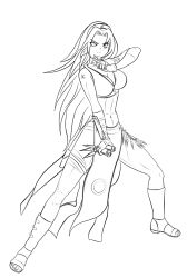 Rule 34 | 1girl, abs, armor, asymmetrical clothes, bandages, belt, boots, bracer, breasts, chain, cleavage, crop top, elbow gloves, feet, female focus, fighting stance, fingerless gloves, gloves, hairband, haruno sakura, high heels, highres, holster, kanji, kunai, large breasts, legs, lineart, long hair, looking at viewer, monochrome, muscular, naruto, naruto (series), navel, ninja, aged up, scroll, shoes, shuriken, side slit, single elbow glove, skirt, smile, smirk, solo, spread legs, standing, strap, tasha steeley, tattoo, thigh holster, thigh strap, thighs, toes, translated, very long hair, weapon