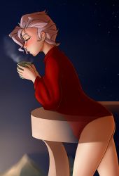 Rule 34 | 10s, 1girl, ass, bottomless, croix meridies, cup, highres, little witch academia, night, night sky, no panties, pudgeruffian, short hair, sky, solo, star (symbol), sweater, white hair