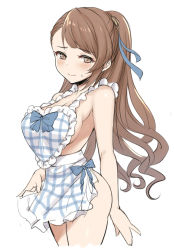 Rule 34 | 10s, 1girl, apron, ass, beatrix (granblue fantasy), blush, breasts, brown eyes, brown hair, cleavage, granblue fantasy, hair ribbon, heart apron, lang (chikage36), large breasts, long hair, looking at viewer, naked apron, plaid, ponytail, ribbon, sideboob, simple background, smile, solo, standing, sweat, white background