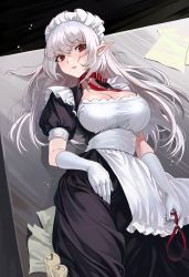 Rule 34 | 1girl, absurdres, apron, black dress, blush, breasts, candle, character request, cleavage, collar, commentary request, copyright request, cowboy shot, dress, elbow gloves, elf, frilled apron, frills, gemi ningen, gloves, grey hair, highres, holding, holding collar, korean commentary, large breasts, long hair, looking at viewer, lying, maid, maid apron, maid headdress, on back, paper, pointy ears, red eyes, short sleeves, solo, sweatdrop, tongue, tongue out, white gloves