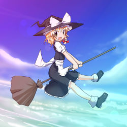 Rule 34 | 1girl, absurdres, blonde hair, broom, broom riding, cloud, female focus, flying, full body, gradient background, hat, highres, kirisame marisa, neki-t, outdoors, skirt, sky, solo, touhou, witch, witch hat, yellow eyes