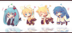 Rule 34 | &gt; &lt;, 2boys, 2girls, ahoge, blue scarf, chibi, detached sleeves, closed eyes, food, hair ornament, hair ribbon, hairclip, hanging, hatsune miku, highres, ice cream, kagamine len, kagamine rin, kaito (vocaloid), letterboxed, long hair, mikomikko, mouth hold, multiple boys, multiple girls, necktie, open mouth, reflection, ribbon, scarf, shorts, skirt, twintails, very long hair, vocaloid