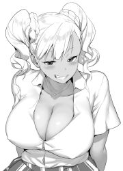 Rule 34 | 1girl, arms behind back, blush, breasts, dark-skinned female, dark skin, greyscale, grin, gyaru, hakai shin, heart, heart necklace, jewelry, large breasts, long hair, looking at viewer, monochrome, naughty face, necklace, simple background, skirt, smile, solo, twintails, white background