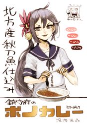 Rule 34 | 2girls, abyssal ship, akebono (kancolle), bell, blue sailor collar, commentary request, curry, curry rice, flower, food, fujinozu, hair bell, hair flower, hair ornament, jingle bell, kantai collection, long hair, multiple girls, northern ocean princess, purple eyes, purple hair, rice, sailor collar, school uniform, serafuku, short sleeves, side ponytail, solo focus, translation request, upper body, very long hair