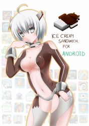 Rule 34 | 1boy, :3, ahoge, android, bodysuit, breasts, catstudioinc (punepuni), cleavage, grey eyes, grey thighhighs, hand to own mouth, ice cream sandwich (miku plus), male focus, midriff, navel, original, personification, revealing clothes, robot ears, short hair, silver hair, solo, thighhighs, trap