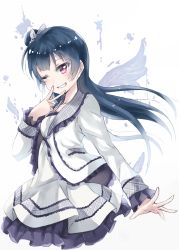 Rule 34 | 10s, ;d, blue hair, bow, breasts, character name, collarbone, dress, frilled dress, frilled jacket, frilled sleeves, frills, grey bow, grey jacket, hair bow, hair bun, highres, jacket, limitless skye, long hair, long sleeves, looking at viewer, love live!, love live! school idol festival, love live! sunshine!!, one eye closed, open mouth, plaid, plaid bow, purple eyes, side bun, single hair bun, single side bun, small breasts, smile, solo, teeth, tsushima yoshiko, v, white background, white dress, white jacket, wings