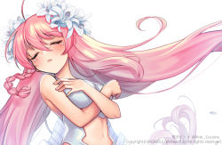 Rule 34 | 1girl, artist name, blush, braid, breasts, character name, closed eyes, clothing cutout, crossed arms, floating hair, flower, hair flower, hair ornament, indie virtual youtuber, korean commentary, leaning back, leotard, long hair, medium breasts, navel, parted lips, pinco (vtuber), rewolf, side braid, solo, stomach cutout, twitter username, very long hair, virtual youtuber, white background, white flower, white leotard