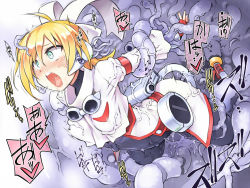 Rule 34 | 1girl, blaster master zero, blonde hair, blue eyes, blush, bow, constricted pupils, eve (blaster master zero), fingerless gloves, forced orgasm, gloves, goggles, goggles around neck, hair bow, open mouth, restrained, tentacles, tentacles under clothes, text focus, tomoshibi hidekazu, veins, white bow, white gloves
