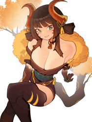 Rule 34 | 1girl, :d, bare shoulders, bead bracelet, beads, black hair, black hands, blunt bangs, blush, bracelet, breasts, brown hair, chinese clothes, choker, cleavage, colored extremities, colored skin, commentary, cowboy shot, distr, dragon girl, dragon horns, dragon tail, english commentary, facial tattoo, gingko dragon girl (distr), gradient hair, green eyes, hair ornament, hairstyle request, highres, horns, jewelry, large breasts, long hair, looking at viewer, multicolored hair, open mouth, original, sidelocks, simple background, sitting, smile, solo, tail, tassel, tassel hair ornament, tattoo, tree tail, white background