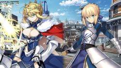 Rule 34 | 2girls, armor, artoria pendragon (all), artoria pendragon (fate), artoria pendragon (lancer) (fate), blue dress, blue sky, breasts, cape, cloud, crown, dress, dual persona, fate/grand order, fate (series), frilled cape, horseback riding, lamppost, large breasts, motor vehicle, multiple girls, red cape, riding, road, saber (fate), sky, street