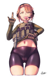 Rule 34 | 1girl, absurdres, bayonet, bike shorts, clothes lift, condom, condom wrapper, dragoncastle, gloves, headset, highres, lifting own clothes, load bearing vest, looking at viewer, magazine (weapon), middle finger, mouth hold, navel, orange hair, original, pantylines, sheath, sheathed, shirt lift, short hair, smirk, solo, weapon, white background