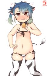 Rule 34 | 1girl, animal ears, animal print, artist logo, bell, bikini, blue hair, brown eyes, cameltoe, commentary request, cow ears, cow horns, cow print, cow tail, cowbell, cowboy shot, dated, fake animal ears, fake horns, front-tie top, fukae (kancolle), gradient hair, highres, horns, kanon (kurogane knights), kantai collection, lowleg, lowleg bikini, micro bikini, multicolored hair, one-hour drawing challenge, short hair, side-tie bikini bottom, side ponytail, sidelocks, simple background, solo, standing, swimsuit, tail, thighhighs, white background, white bikini, white thighhighs
