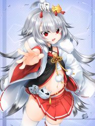 Rule 34 | 1girl, :3, ahoge, azur lane, blush, colored eyelashes, commentary request, fang, fur trim, hair ornament, hibiki (azur lane), highres, horns, long hair, long sleeves, looking at viewer, marukyuu ameya, oni horns, open mouth, outstretched arms, pom pom (clothes), red eyes, sarashi, silver hair, skin fang, skindentation, skirt, solo, thighhighs, white thighhighs