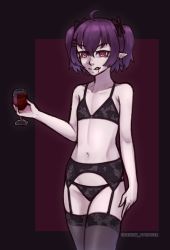 Rule 34 | absurdres, ahoge, bra, commission, cup, drinking glass, garter belt, garter straps, hair ornament, hairclip, highres, lingerie, original, pale skin, pointy ears, purple hair, red eyes, rika roseingrave, thighhighs, tongue, tongue out, twintails, underwear, wine glass