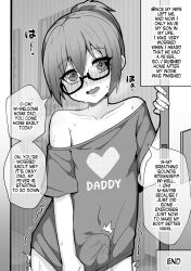 Rule 34 | 1boy, ^^^, absurdres, bare shoulders, blush, bulge, crossdressing, dot nose, ear blush, english text, erection, erection under clothes, eyelashes, fang, father and son, glasses, greyscale, hashite a, heart, heart print, highres, implied masturbation, inktober, looking at viewer, male focus, monochrome, no pants, open mouth, opening door, original, ponytail, shaking, shirt, short hair, speech bubble, sweatdrop, tongue, trap, walk-in